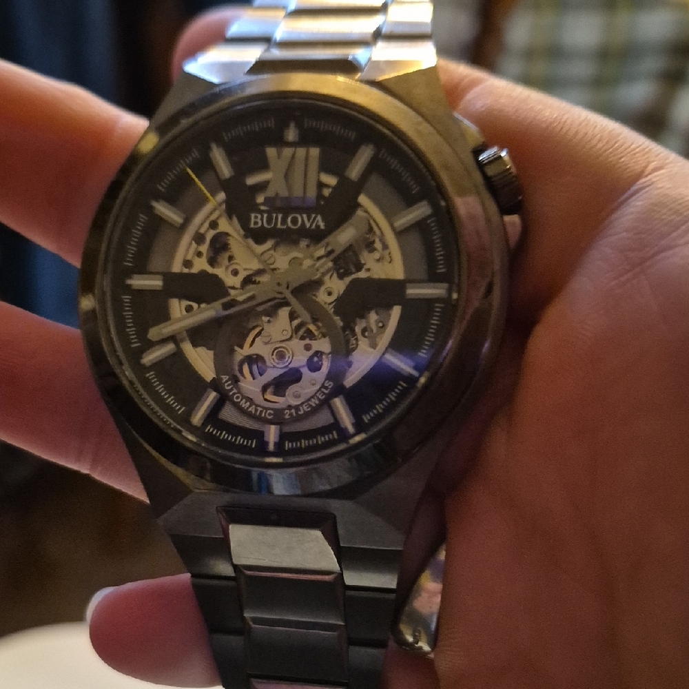 Bulova Men's Black and Silver Skeleton Watch